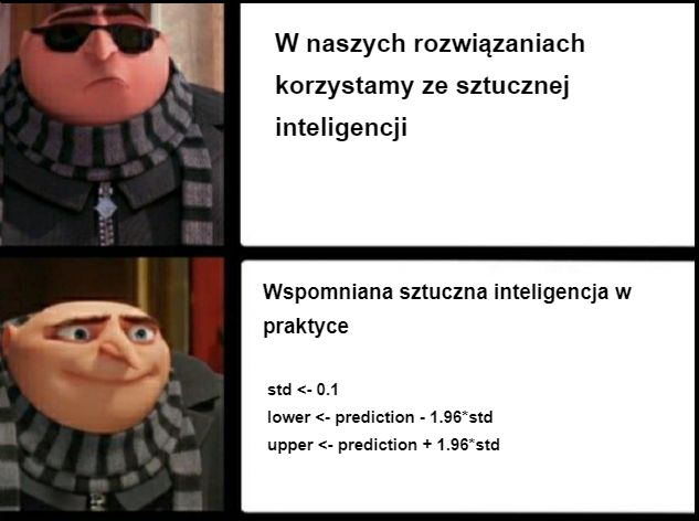 Mem z Gru: na górze zadowolony, z podpisem „w naszych rozwiązaniach korzystamy ze sztucznej inteligencji”, na dole zniesmaczony, obok trzech linii kodu w R, które podstawiają odchylenie 0,1 i liczą przedział jako predykcja plus i minus 1,96 odchylenia, z podpisem „wspomniana sztuczna inteligencja w praktyce”