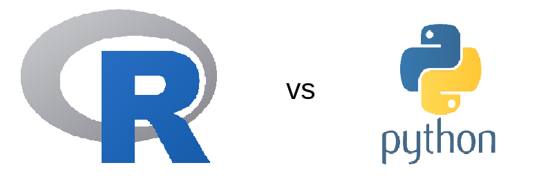 Logo języka R i logo Pythona, między nimi napis „vs”