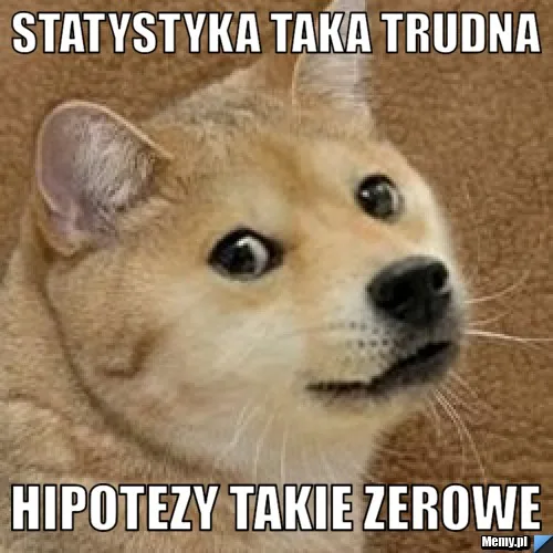 Mem: pies rasy shiba i podpis „statystyka taka trudna, hipotezy takie zerowe”