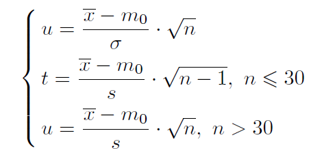 Trzy statystyki testowe do wyboru: u = (x̄ − m0)/σ · √n; t = (x̄ − m0)/s · √(n−1) dla n nie większego od 30; u = (x̄ − m0)/s · √n dla n większego od 30