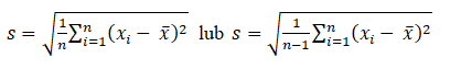 Dwa wzory na odchylenie standardowe z próby: s = √(1/n · Σ(xi − x̄)²) oraz s = √(1/(n−1) · Σ(xi − x̄)²)