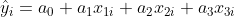Równanie regresji liniowej z trzema zmiennymi: ŷᵢ = a₀ + a₁x₁ᵢ + a₂x₂ᵢ + a₃x₃ᵢ